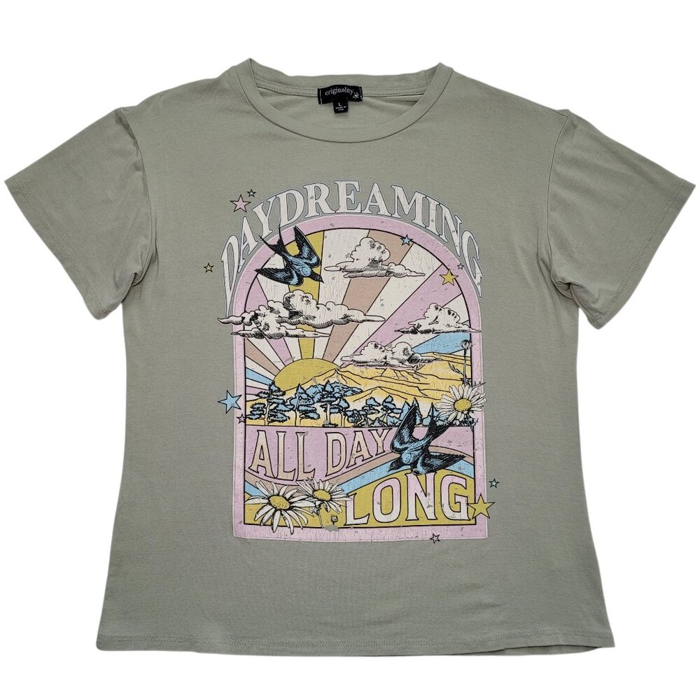 Originality Daydreaming All Day Long Graphic Tee Sage Green Boho Top Youth Large - Picture 3 of 8